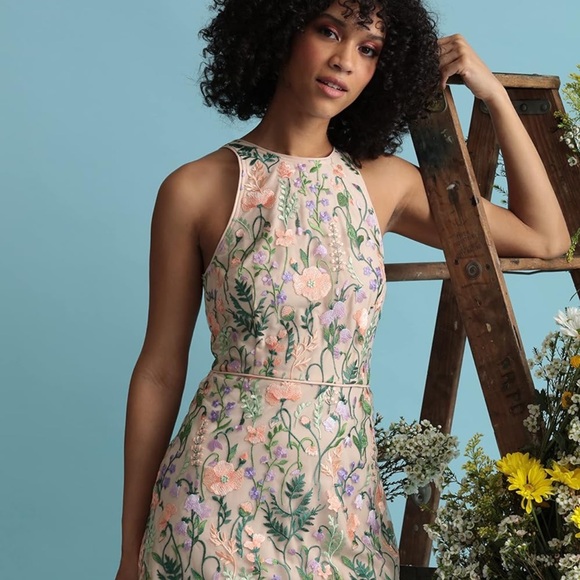 Maggy London Women's Floral Embroidered Halter Midi Dress with Back V-Neck - Picture 3 of 12